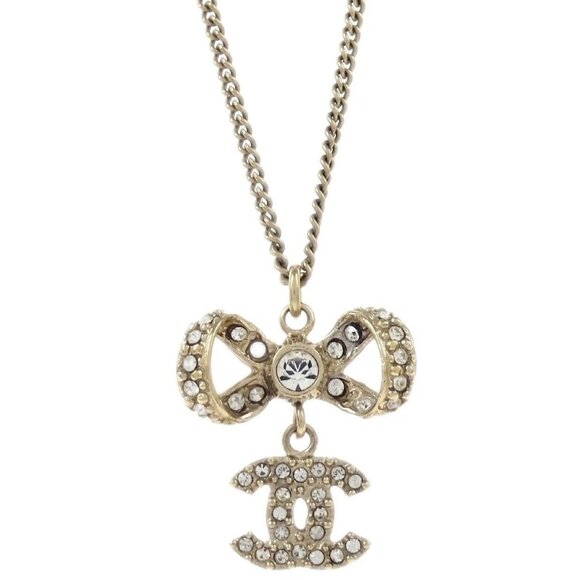 Chanel Gold Chain Pendant Necklace Rhinestone Bow CC - Picture 3 of 6